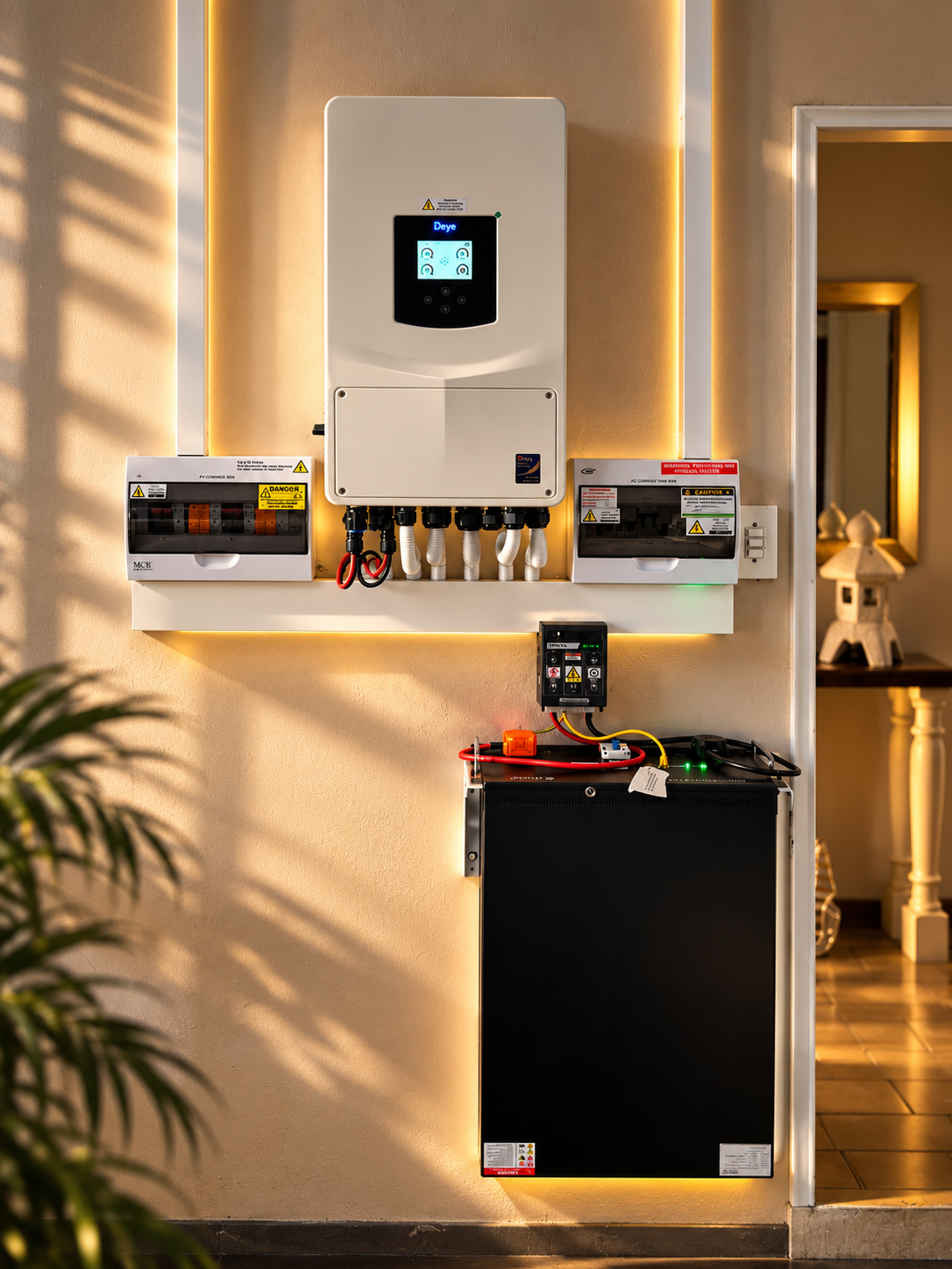 The same wall with a Deye inverter and lithium battery system installed